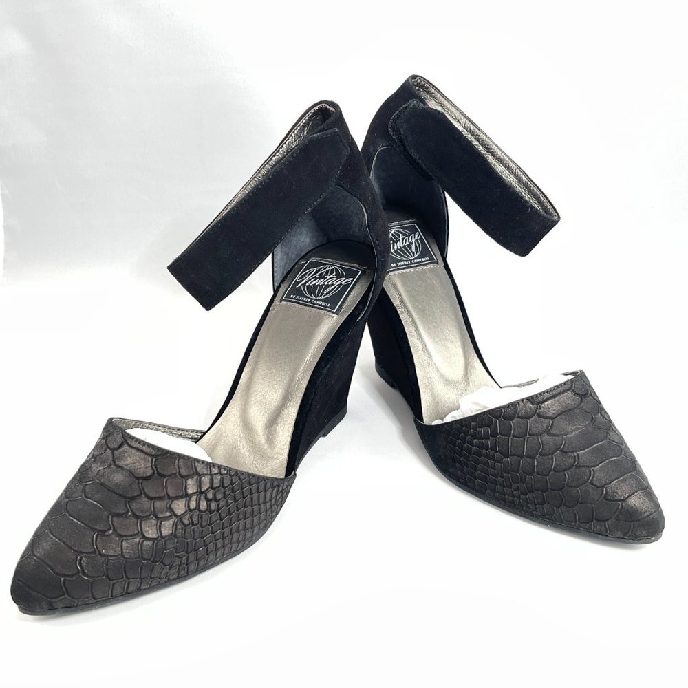 Jeffery Campbell Black Tatum Leather Ankle Strap Heeled Wedges Size 9M, NEW